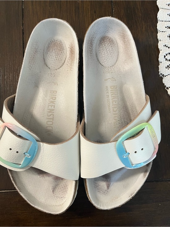 Birkenstock Shoes - Birkenstock White Slide Sandals with Pastel Ombre Buckles 7-7.5